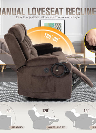 Oversized 3-Seater Loveseat Recliner Sofa with Flip-Down Middle Backrest, Storage Drawer, Dual Manual Recliners, USB Ports, Cup Holders, and Phone Holders in Brown