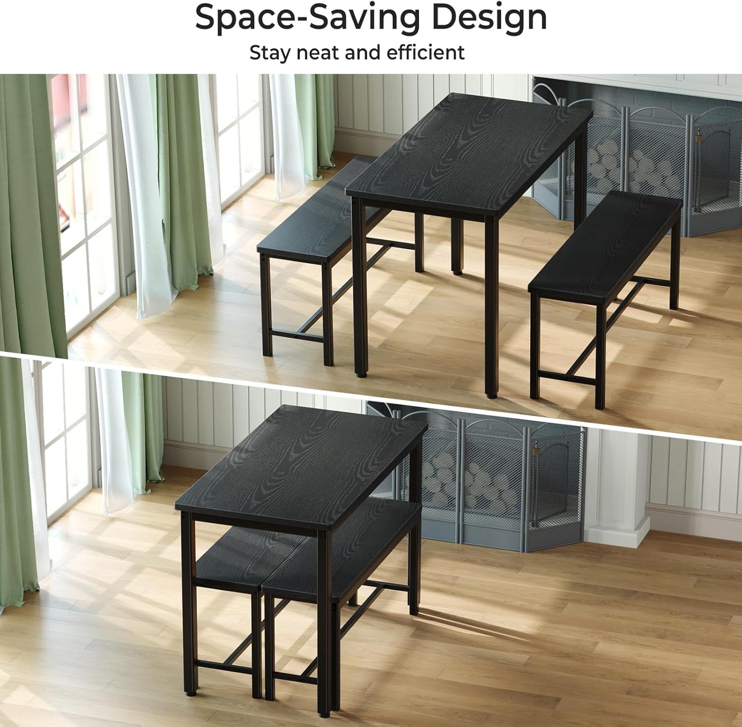 Dining Table Set for 4, 3-Piece Kitchen Table with 2 Benches, Space-Saving Dining Room Set for Breakfast Nook and Small Spaces, Black
