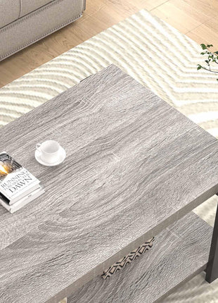 Modern Rustic Coffee Table with Storage Shelf - Industrial 2-Tier Rectangle Design in Light Grey for Living Room