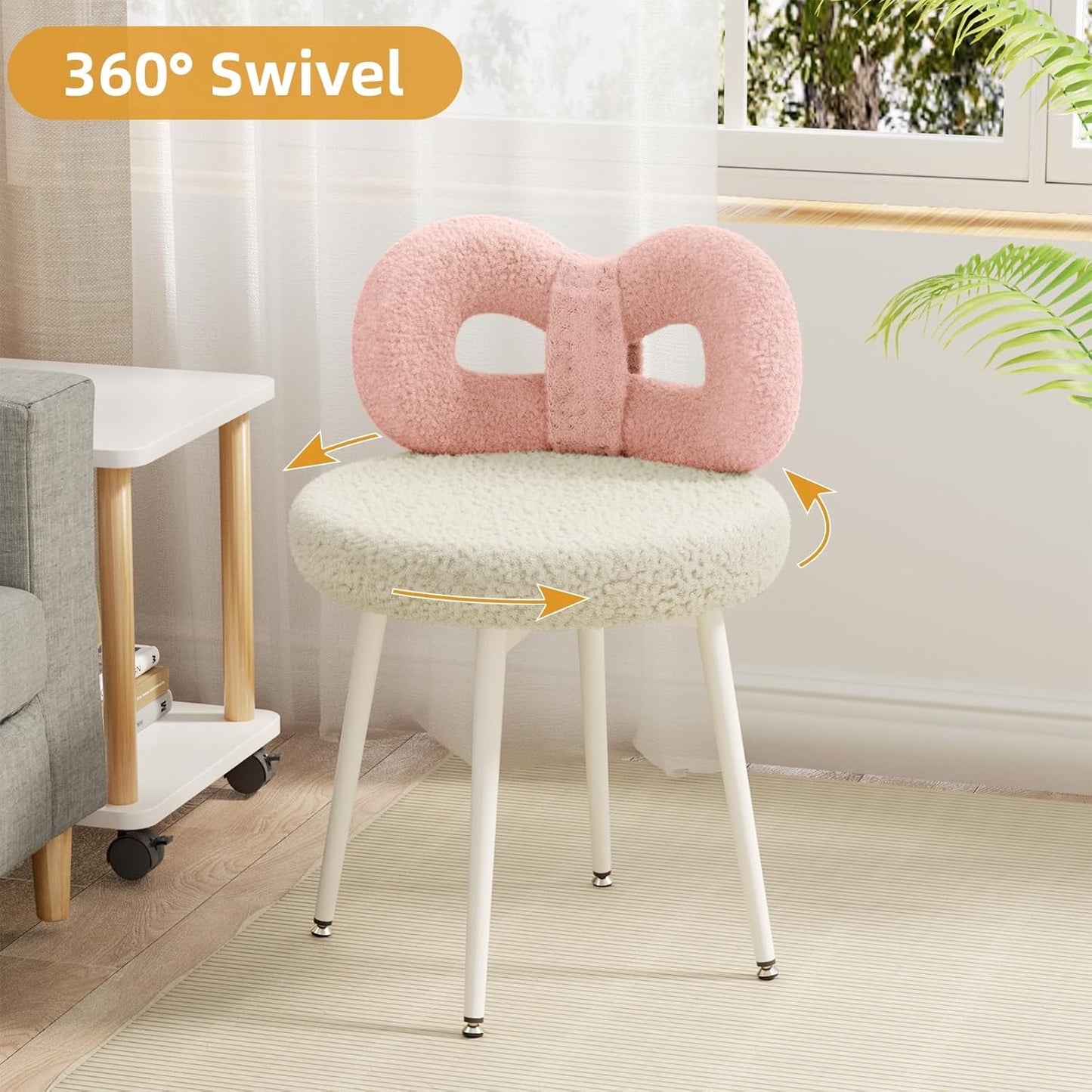 Swivel Vanity Chair with Back, Upholstered Desk Chair for Girls, Modern Makeup Vanity for Bedroom, Living Room (Pink and Off-White)