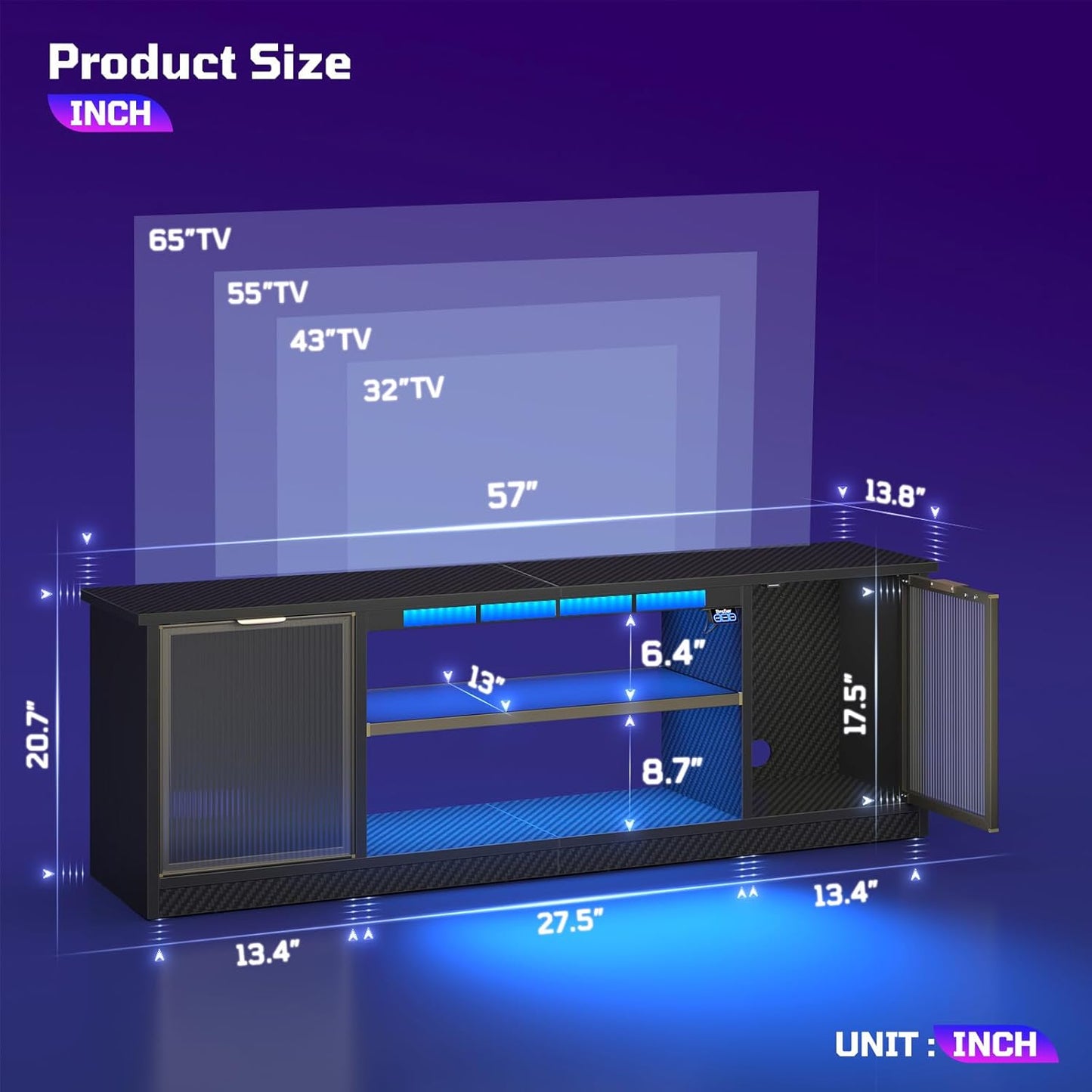 Gaming TV Stand with Music Sync Light, Flow Vibe Entertainment Center with Storage for PS5 Xbox, RGB LED Party Modes Television Stands for 50/55/60/65 Inch TV (Black 3D Carbon Fiber, 57 Inch)