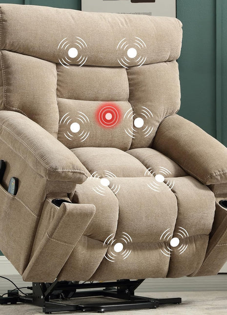 Dual Motor Power Lift Recliner Chair for Seniors – Extra Wide 27" Seat, 450 lbs Capacity, Infinite Position Adjustment, Heated Massage, Cup Holders, and USB Port in Camel Fabric