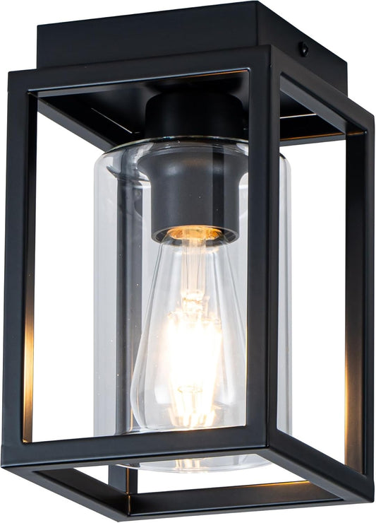 Flush Mount Ceiling Light Fixture with Clear Glass Shade, Farmhouse Black Metal Frame Light Fixture for Kitchen Island Entryway Porch Foyer Dining Room, E26 Ceramic Base