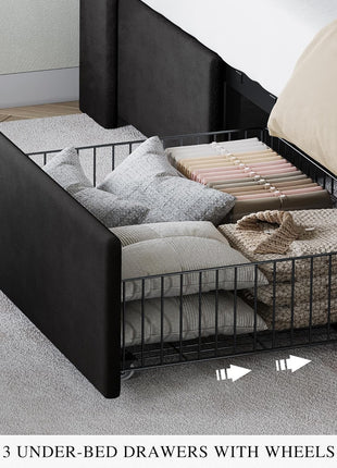 Queen Size Velvet Upholstered Bed Frame with 3 Storage Drawers, RGB LED Lights, Charging Station, and Storage Headboard - No Box Spring Required, Easy Assembly, Noise-Free, Black