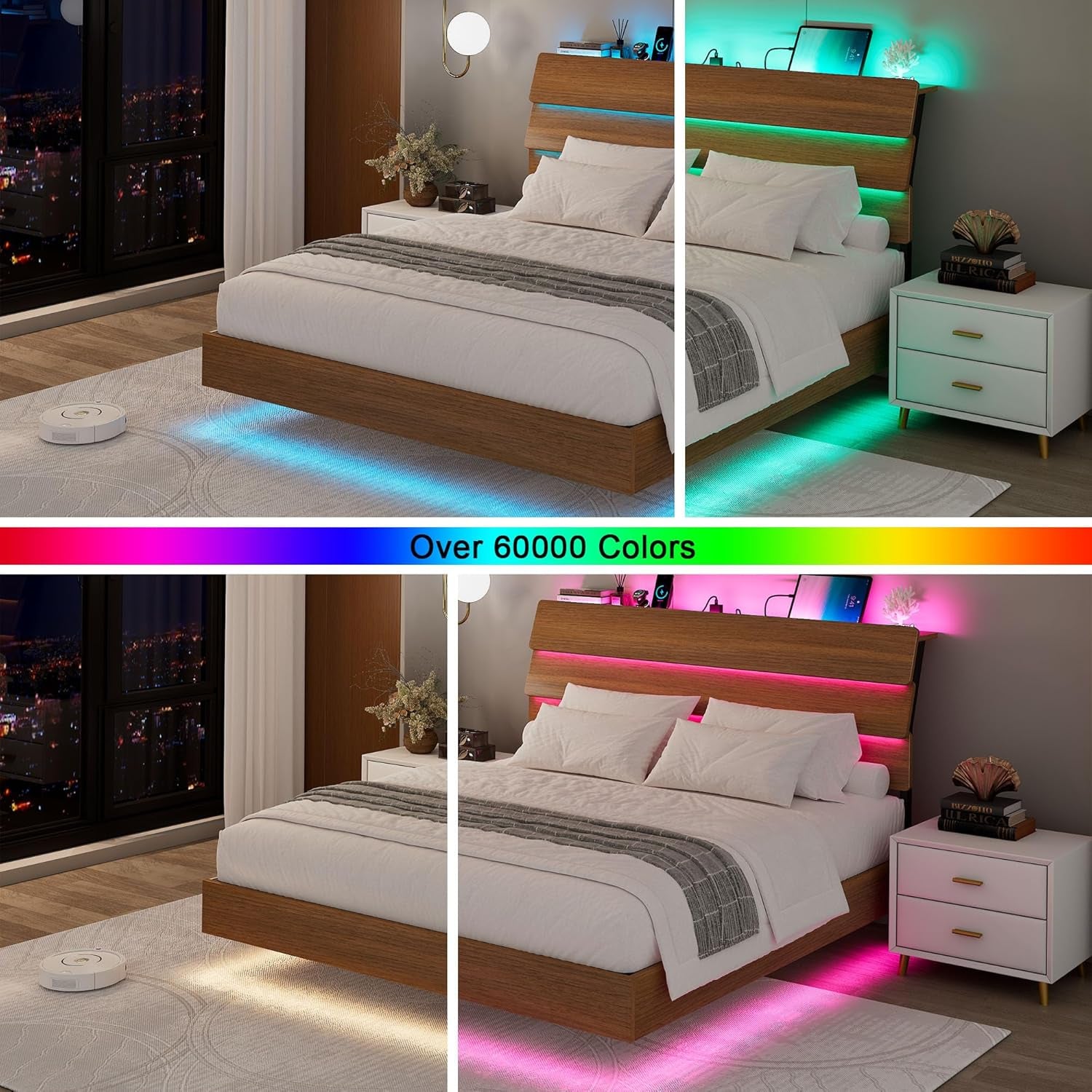 Floating Bed Frame Queen with Led Lights and Charging Station, Wood Full Size Bed Frame with Storage Headboard, Heavy Duty Metal Slats, No Box Spring Needed, Easy Assembly,Walnut