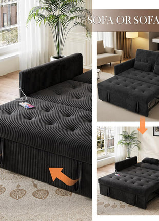 3-in-1 Convertible Loveseat Sofa Bed with Pull-Out Bed, USB Ports, and Pockets - Modern Corduroy Design for Living Room or Bedroom (Black)