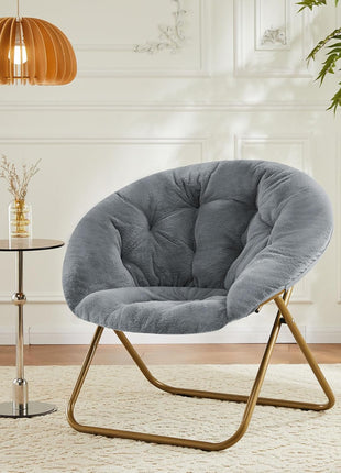 X-Large Faux Fur Saucer Chair - Contemporary Folding Lounge Chair with Plush Padded Seat and Sturdy Metal Frame for Living Room, Bedroom, and Dormitory in Classic Gray