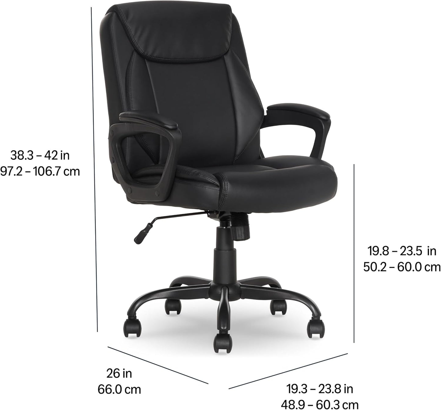 Classic Puresoft PU Padded Mid-Back Height Adjustable Office Computer Desk Chair with Armrest, 26"D X 23.75"W X 42"H, Black