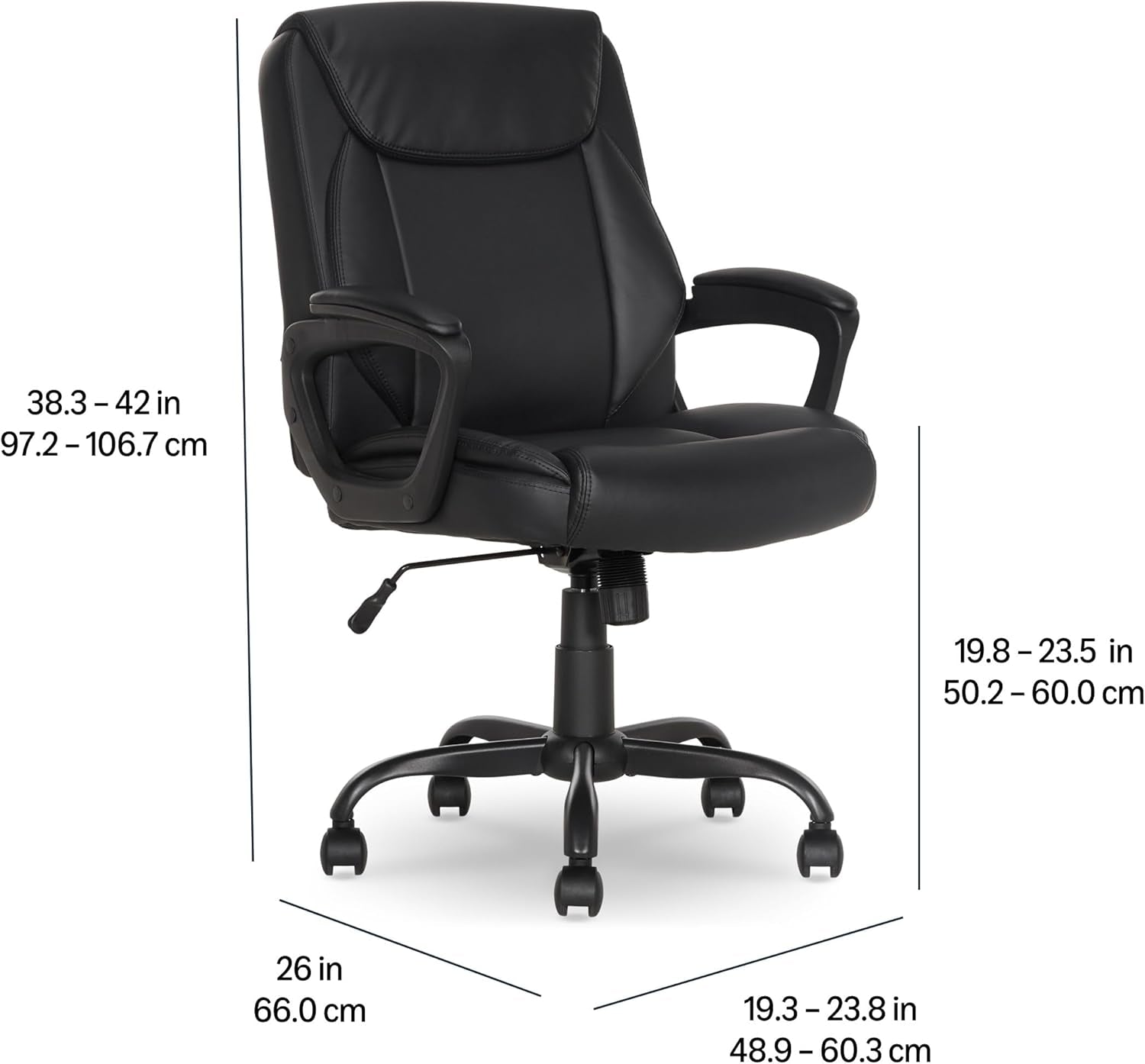 Classic Puresoft PU Padded Mid-Back Height Adjustable Office Computer Desk Chair with Armrest, 26"D X 23.75"W X 42"H, Black