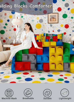 3D Building Blocks Comforter Set - 7 Piece Twin Bed in a Bag, Colorful Construction-Themed Bedding with Gradient Rainbow Brick Design