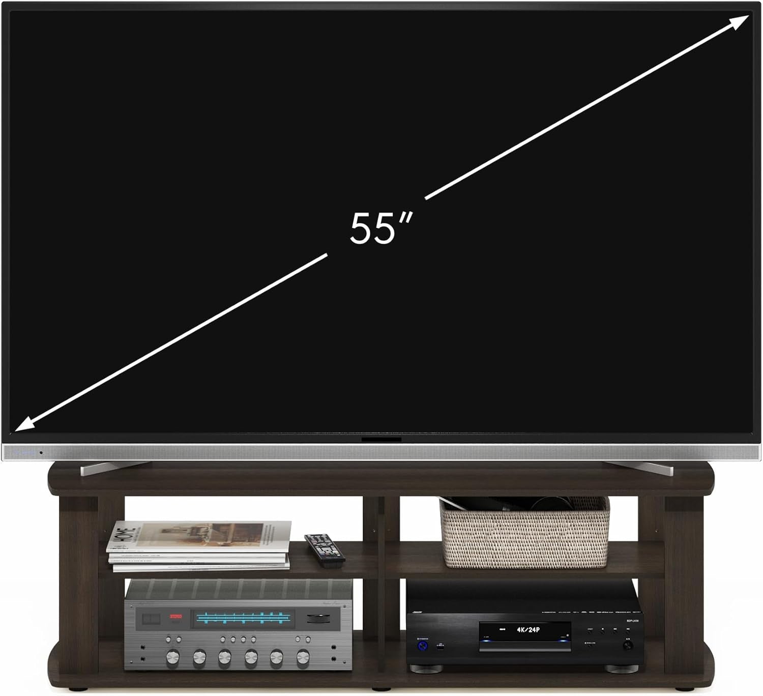 NELLY TV Stand, 3-Tier Entertainment Center with Open Shelves Storage, TV Console for TV up to 50 Inch, Soft Edges, for Living Room, Bedroom, Dark Brown