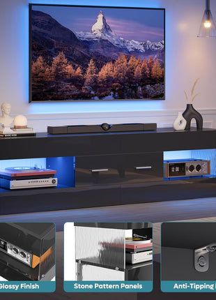 Contemporary Black TV Stand for 55-65 Inch TVs, High Gloss Finish with Stone-Patterned Side Panels, LED Entertainment Center with Ample Storage Drawer, Perfect for Living Room and Bedroom