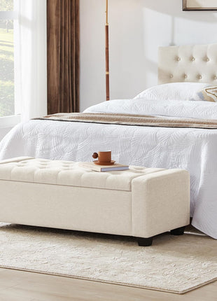Huatean 48-Inch Upholstered Storage Ottoman Bench with Safety Hinge for Entryway Seating, Supports Up to 330 lbs, Beige