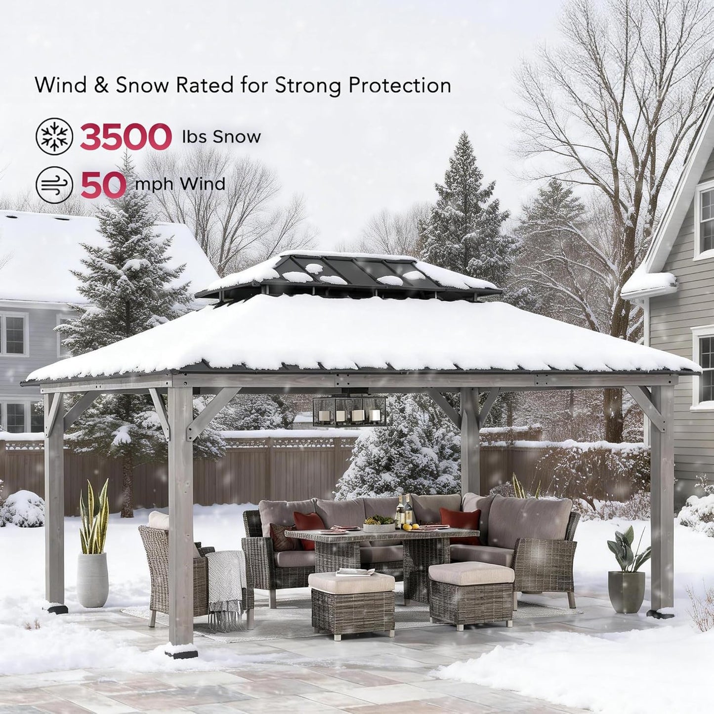 12 X 16 Ft. Wood Gazebo, Outdoor Patio Cedar Framed Steel Hardtop Gazebo with 2-Tier Metal Roof, Suitable for Patios, Lawn and Backyard, Matte Black Roof + Gray Wood Frame