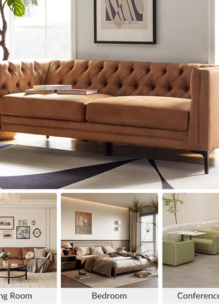 84" Faux Leather Upholstered 3-Seater Sofa with Metal Legs, Button-Tufted Design, Mid-Century Modern Style for Living Room and Entertainment Areas, Camel Color