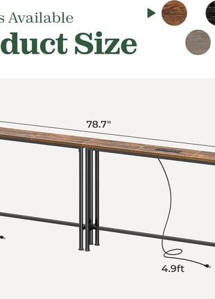 78.8-Inch Rustic Brown Narrow Console Table with Built-In Charging Station for Living Room and Entryway