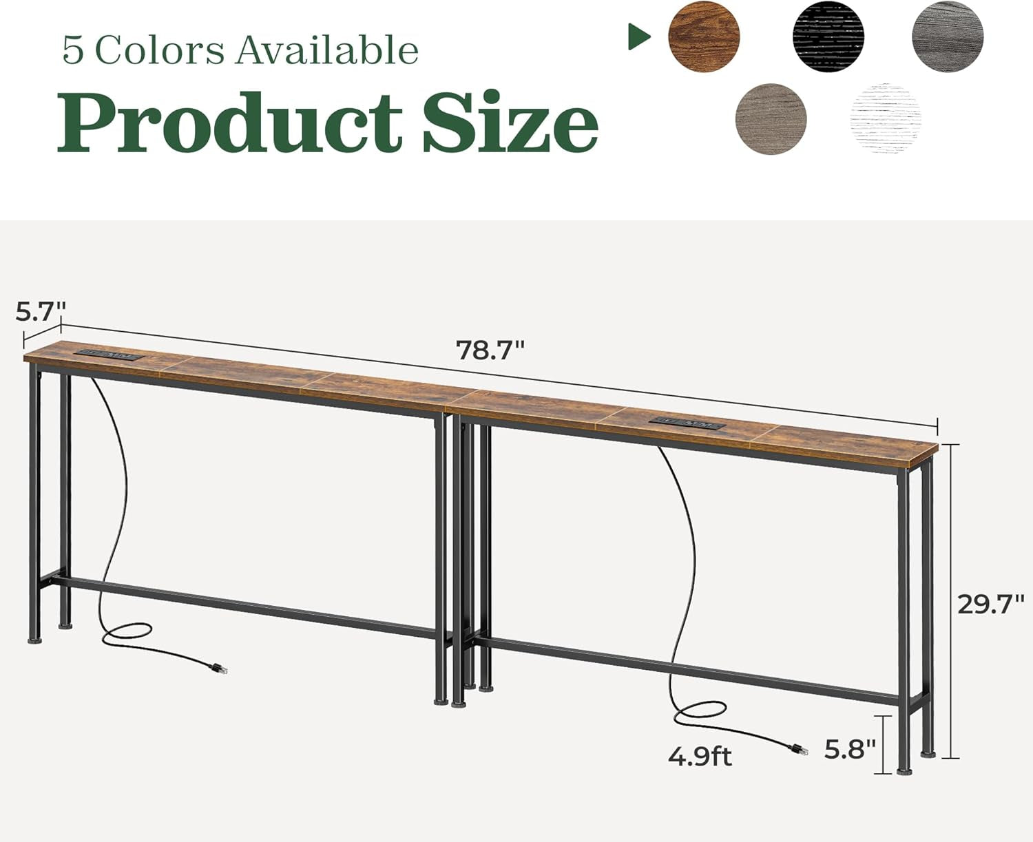 78.8 Inch Narrow Console Table with Outlet, Sofa Tables, behind Couch Table, Long Entryway Tables with Charging Station, for Living Room, Rustic Brown