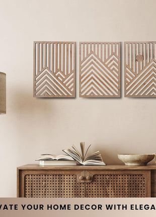 Contemporary Wooden Wall Sculptures Set of 3 - Decorative Accents for Living Room, Bedroom, and Office - Large Art Pieces with Easy Installation (Oak, Medium - Mountain and Sun)