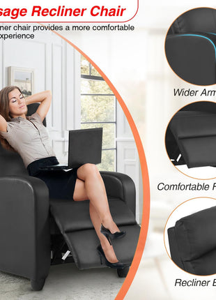 Massage Recliner Sofa with Lumbar Support and Padded Backrest for Home Theater Seating - Black Leather for Living Room and Bedroom