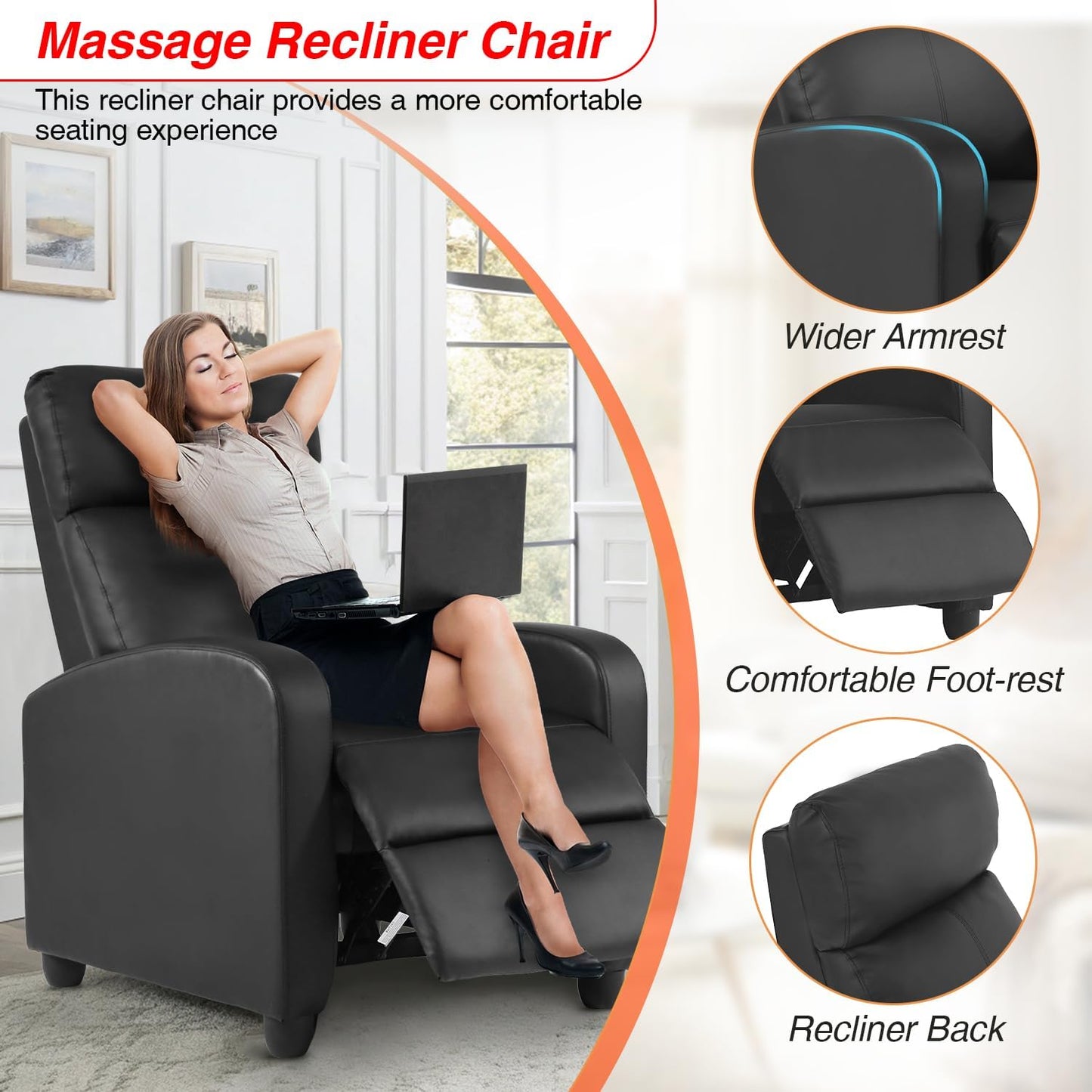 Recliner Sofa Massage Chair Home Theater Seating with Lumbar Support and Padded Backrest for Living Room and Bedroom (Leather, Black)