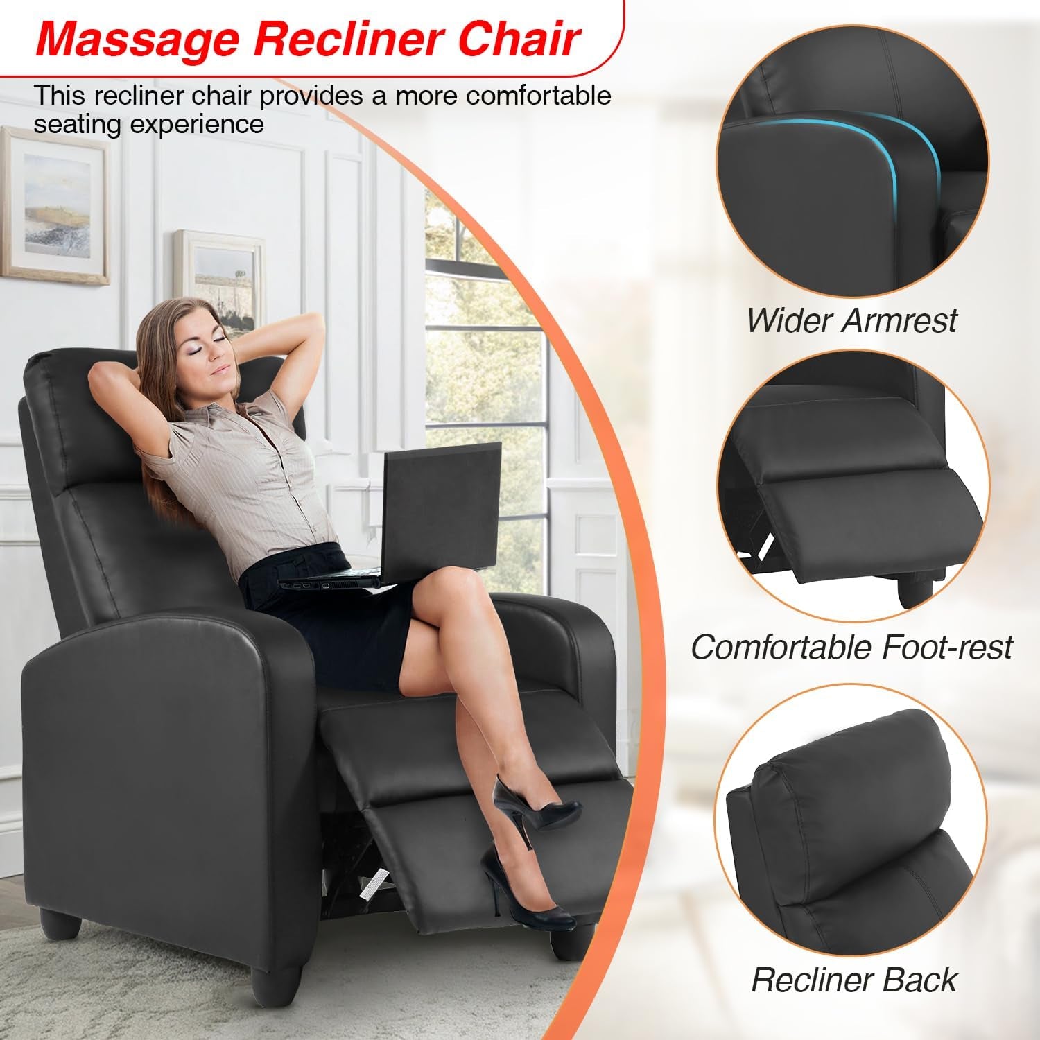 Recliner Sofa Massage Chair Home Theater Seating with Lumbar Support and Padded Backrest for Living Room and Bedroom (Leather, Black)