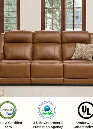 Genuine Leather Power Recliner Sofa with Wall Hugger Design, Dual Motors, USB Charging Ports, Ideal for Living Room and RV, Saddle Leather Finish