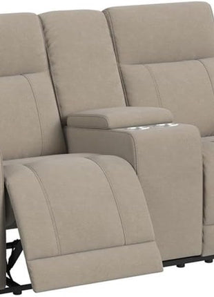 Faux Leather Motion Reclining Loveseat with Center Console and Cupholders in Taupe Finish, 71.25" W x 36.5" D x 39.25" H, Contemporary Plush Design for Living Room or Den