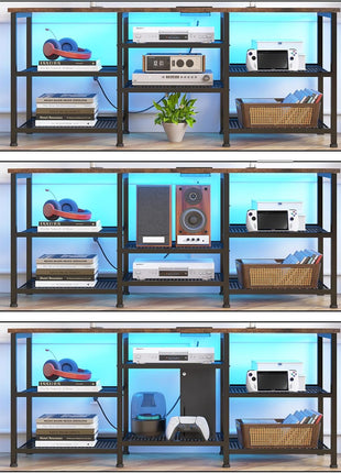 Rustic Brown TV Stand for Living Rooms, Supports TVs up to 55 Inches, Equipped with Power Outlet and LED Lighting, Open Storage Shelves, Perfect for Bedrooms