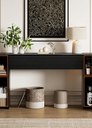 61-Inch Fluted Long Console Table - Wooden Rectangular Sofa Table with Dual Hidden Storage Cabinets for Entryway, Hallway, Living Room, and Foyer in Black