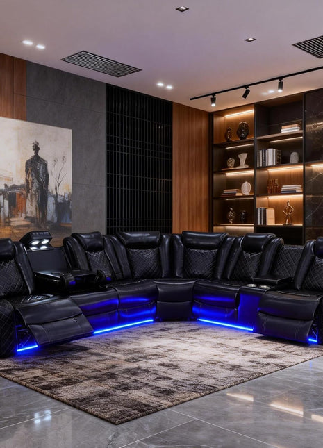 Elegant Power Recliner Sofa Set for Living Room and Home Theater, Leather Sectional with LED Lighting, Cup Holders, and Storage Console in Black