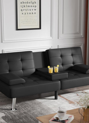 Modern Convertible Futon Sofa Bed with Recliner Lounge and Removable Armrests, Black PU Leather, Featuring Dual Cup Holders
