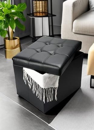 Compact Leather Folding Storage Ottoman with Thick Foam Padding, 17x13x13 Inches, Black