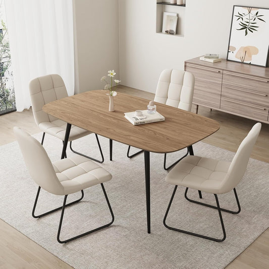 47.2'' Dining Table Set for 4,Modern Wood Dining Table,Leather Dining Chairs 4,Table and Chairs Set of 4,Ideal for Kitchen Dining Room (Walnut Color Table + 4 U-Shaped White Chairs, 47.2")