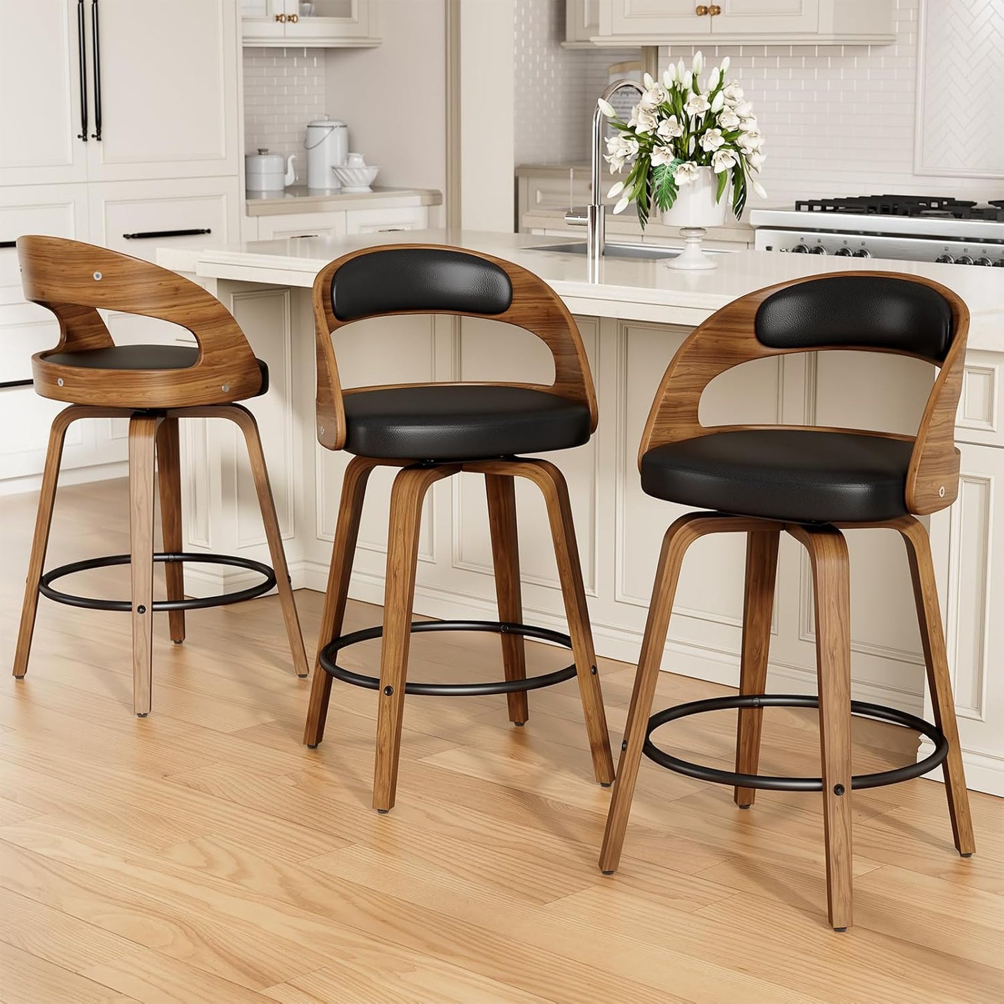 Swivel Bar Stools Set of 3, 26" Counter Height Bentwood Barstool, Mid-Century Modern PU Leather Upholstered Bar Chair with Back and Footrest, for Kitchen Island, Bar, Cafe, Dining Room, Black