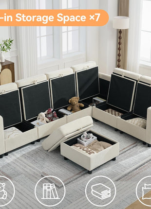 104'' V-Shaped Modular Sectional Sofa with Storage, 7-Seater Modern Cloud Couch and Movable Ottoman in Chenille Beige