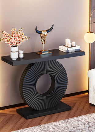 Contemporary 40-Inch Console Table with Geometric Base in Black for Living Room, Hallway, and Entryway