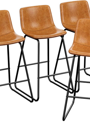 Set of 4 Contemporary PU Leather Counter Height Bar Stools, 26" Armless Dining Chairs with Metal Legs and Footrest in Brown