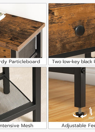 29.5" Narrow Console Table with Dual Fabric Drawers and Three-Tier Storage Shelves, Perfect for Living Room and Hallway, Rustic Brown and Black Finish