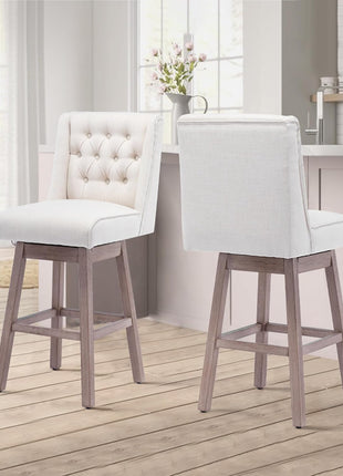 Set of 2 Contemporary 26" Swivel Bar Stools with Backrest, Linen Upholstered Counter Height Seating with Wooden Legs for Kitchen Island and Dining Area