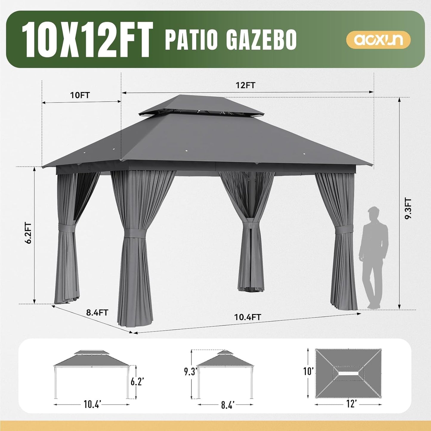 Outdoor Gazebo for Patio 10X12, Metal Frame Canopy with Double Roofs, Heavy Duty Party Tent and Shelter with Mosquito Netting and Privacy Screen for Backyard, Lawn, Garden, Deck