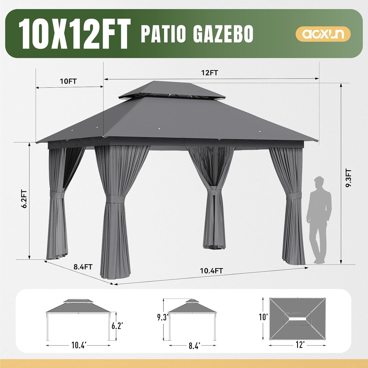 Outdoor Gazebo for Patio 10X12, Metal Frame Canopy with Double Roofs, Heavy Duty Party Tent and Shelter with Mosquito Netting and Privacy Screen for Backyard, Lawn, Garden, Deck