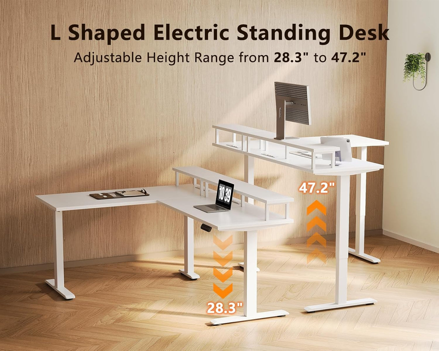 Electric L-Shaped Standing Desk, 59 Inch Height Adjustable Office Desk with Monitor Stand, Sit-Stand Desk with Power Outlets, Large Lift Table for Home, Office, Workstation, White