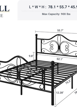 Full Size Metal Bed Frame with Butterfly Pattern Headboard and Footboard, No Box Spring Required, Easy Assembly, Black