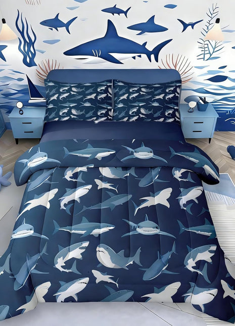 Boys Shark Ocean Sealife Bedding Set - Comforter and Duvet Insert for Kids and Teens, Nautical Marine Life Quilt, Queen Size Navy Blue Bedroom Decor