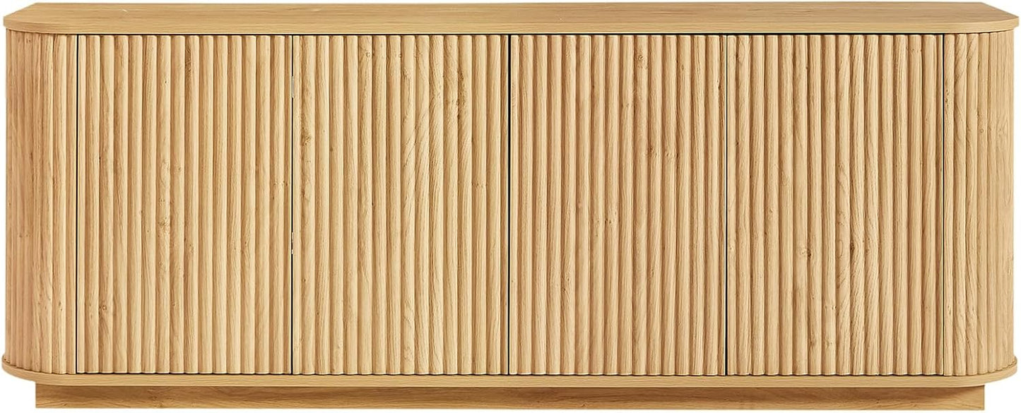 64" Sideboard Buffet Cabinet with Storage, Wooden Fluted Storage Cabinet Sideboard Credenza with Adjustable Shelves Pressed Spring for Kitchen Living Room (Natural Oak)