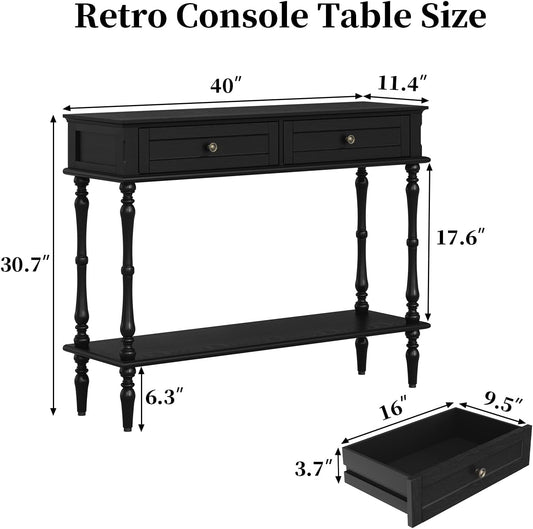 Console Table for Entryway with 2 Drawers-Minimal Assembly,Black Retro Entryway Table with Storage Cabinets and Open Shelf,Narrow Long Couch Table behind Sofa for Living Room,Foyer,Hallway