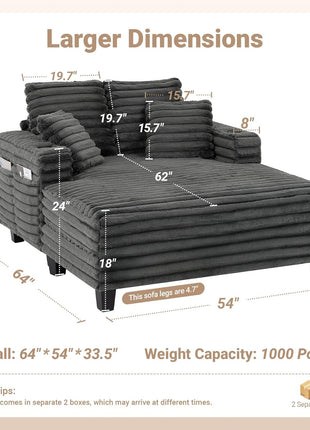 64-Inch Oversized Chaise Lounge Chair with Wooden Frame, Upholstered Sleeper Sofa Bed for Living Room, Media Room, and Bedroom, Includes 4 Storage Pockets and 2 Cup Holders (Plush Corduroy, Grey)