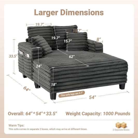 64" Chaise Lounge Chair Indoor, Oversized Sleeper Chair with Wood Frame, Upholstered Sofa Bed for Living Room, Movie Room, Bedroom with 4 Storage Pockets&2 Cup Holders(Plush Corduroy, Grey)