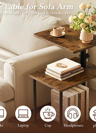 360° Swivel C-Shaped Side Table with Adjustable Height and Storage, 3-Tier Nightstand with Open Shelf for Compact Spaces, Rustic Brown Finish