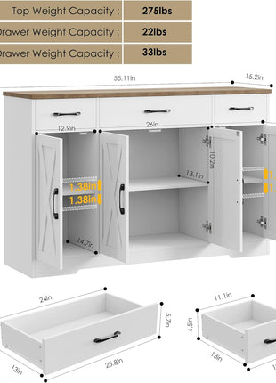 55" Buffet Cabinet with Drawers and Shelves, Modern Farmhouse Sideboard Storage for Kitchen and Dining Room, White/Rustic Finish